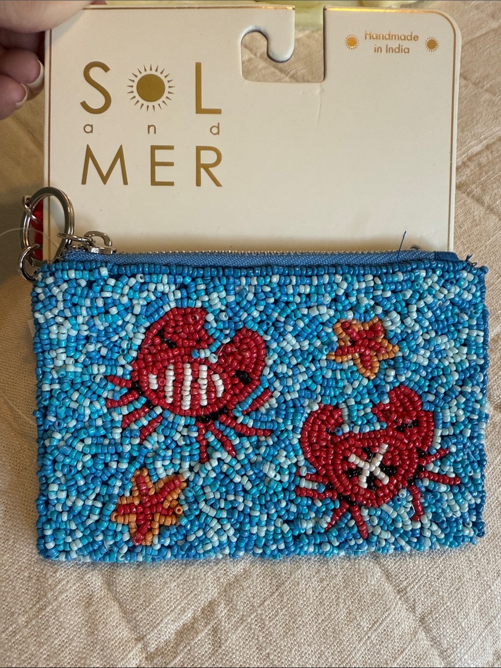Sol and Mer Blue Beaded Coin Pouch with Red Crab Motif